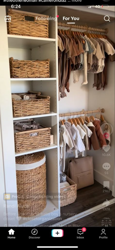 Nursery Cupboard Ideas, Exposed Closet Nursery, Nursery Closet Built In, Custom Nursery Closet, Nursery Closet Without Doors, Nursery Open Closet Ideas, Nursery Clothes Rack, Apartment Nursery Ideas Small Spaces, Nursery Changing Table Organization