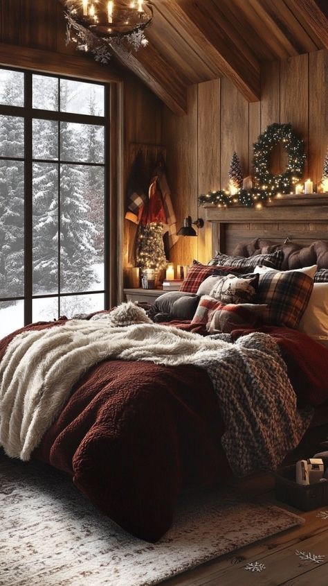 Cozy Scottish Bedroom, Red Cabin Bedroom, Cabin In The Woods Aesthetic Bedroom, Cozy Room Christmas, Winter Cottage Bedroom, Christmas Theme Bedroom, Winter Bedding Layers, Cute Cabin Bedroom, Dark Cabin Bedroom