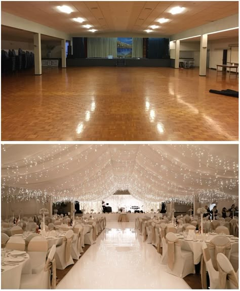 Before After Greek Luxury Wedding Room Transformation Wedding Draping, Hall Decorations, Wedding Ceiling, Wedding Hall Decorations, Indoor Wedding Receptions, Rustic Wedding Decorations, Wedding Room, Wedding Venue Decorations, Venue Decorations