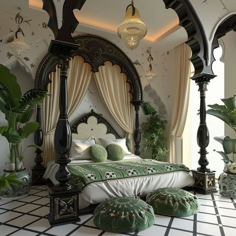 Who’s green with envy over this stunning Marrakech oasis?? 🙋🏻‍♀️ This estate exudes traditional Moroccan design with vibrant colors, intricate patterns, and rich textures. I especially love the use of arabesque motifs and arches in the doorways and openings. There’s just something about this style that invites you to come in and stay awhile….do you agree? Let me know your thoughts below!!👇 Conceptualized by @homescapedofficial ai . . . #marrakech #morocco🇲🇦 #moroccotravel #zelligetile #gr... Moroccan Bedroom Aesthetic, Iconic Bedrooms, Morocco House, Moroccan Inspired Bedroom, Moroccan Style Home, Small Bedroom Ideas For Couples, Moroccan Houses, Moroccan Interior Design, Moroccan Style Interior