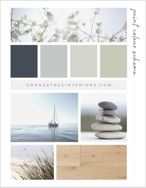 Home Paint Colour Schemes – Orangetree Interiors Calm Colour Schemes, Lake House Colour Palette, Muted Bathroom Colors, Colour Palette House Interiors, Home Design Colour Palettes, Colour Palette For Bathroom, Natural Wood Floor Color Palette, Bathroom Natural Colours, Calming Colour Schemes