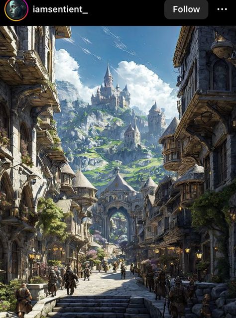 Lakeside Town Fantasy Art, Dnd Kingdom Art, Modern Fantasy Kingdom, Fantasy World Building Art, Fantasy World City, Town Fantasy Art, Fantasy City Aesthetic, Fae City, Fantasy Setting Village