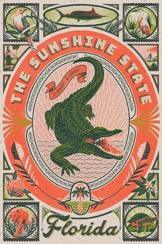 size: 18x12in Art Print: Florida - Woodcut Menagerie Series - The Sunshine State by Lantern Press : Florida Poster, Florida Design, Florida Art, Design Stickers, Up Book, Vintage Florida, Vintage Poster Art, Sunshine State, Summer Design