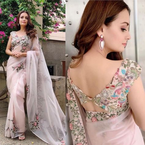 Fantastic saree design. Nora Fateh, Blouse Halter Neck, Pakistani Saree, Farewell Saree, Saree Jacket, Blouse Puff Sleeve, Saree Jacket Designs, Halter Neck Blouse, Saree Drapes