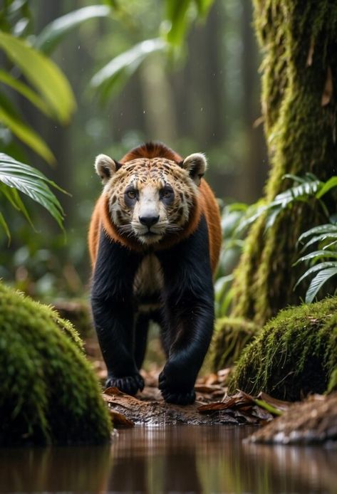 An animal that looks like a cross between a tiger and a bear walks towards the viewer in a dense, misty forest. Amazon Rainforest Aesthetic, Animals In The Rainforest, Rainforest Aesthetic, Tiger And Bear, Amazon Rainforest Animals, Pink River Dolphin, Rainforest Art, Amazon Animals, Lush Rainforest