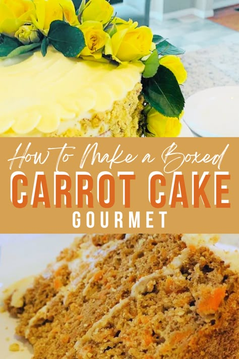 Amazing carrot cake recipe that you can turn gourmet from a box. Add a few pretty flowers and boom, you have an epic cake for your spring dessert. Carrot Cake Box Mix Bundt, Carrot Cake Box Mix Made Better, Doctored Up Boxed Carrot Cake, Duncan Hines Carrot Cake Mix Recipes, Spice Cake Mix Carrot Cake, How To Doctor Up A Box Carrot Cake, Box Carrot Cake Recipes, Best Box Carrot Cake Recipe, Boxed Carrot Cake Hacks