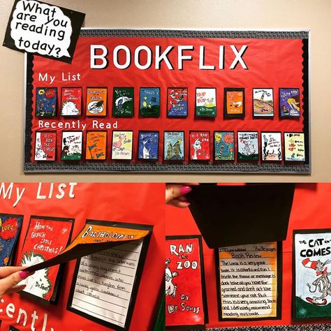 Reading Boards For Classroom, Books We Read Bulletin Board, Book Flix Bulletin Board, Book Review Bulletin Board Ideas, Book Report Bulletin Board, Books Classroom Theme, Reading Book Bulletin Board, Back To School Bulletin Board Ideas For Library, Instagram Bulletin Board Ideas