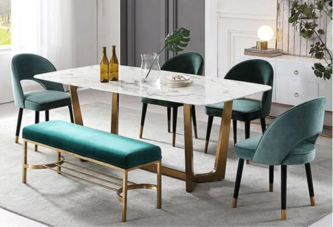 Good Quality green velvet dining chairs set Velvet Chairs Dining Table, Dining Tables With Benches, Velvet Dining Chairs Wood Table, Dining Table Design With Bench, Dining Table With Green Chairs, Dining Table With Bench And Chairs, Carpet In Dining Room, Green Velvet Dining Room, Dining Table Chairs Design