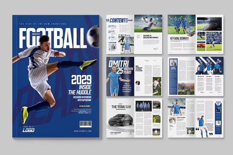 Football Magazine Template, Print Templates ft. football & college - Envato Elements Football Magazine Design, Magazine Sport Design, College Magazine Cover Design, Sports Magazine Layout Design, Sport Magazine Design, Sports Magazine Layout, Magazine Elements, Sports Magazine Design, School Magazine Ideas