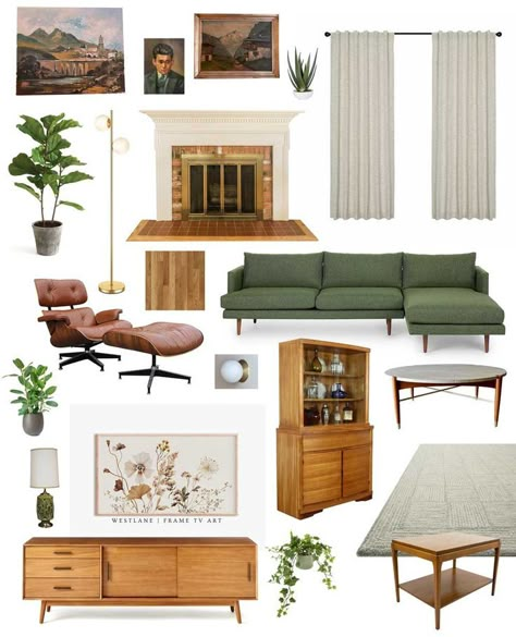 Mid-Century Living Room Decor Inspiration Home Decor Boards Interior Design, Mcm Mood Board, Vintage Green Couch Living Room, Vintage Mcm Living Room, Mid Century Modern Living Room Layout, Modern Living Room Mood Board, Home Decor Mood Board, Cozy Mid Century Modern Living Room, Mid Century Living Room Decor