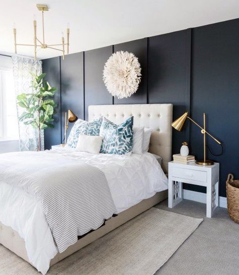 Navy Blue Bedroom Design Ideas ... Navy Feature Wall Bedroom, Green And Navy Bedroom, Calming Wall Colors, Blue Bedroom Design Ideas, Navy Blue Bedroom Walls, Navy Blue Bedroom, Navy Bedrooms, Leclair Decor, Blue Bedroom Walls