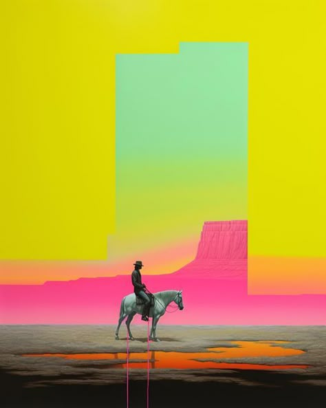 Justin Mays on Instagram: "🏜️🟨🟩🌵•Sour Diesel• Neon West - Volume 02 #neonwest #fluorescentart #popart #west #westernstyle #westernart #southwest #midwest #cowboy #horseback #canyons #cowboyart #neoncowboy #surrealart #midjourneyart #painting #aiart #sourdiesel" Neon 70s Aesthetic, Neon Cowboy Aesthetic, Cowboy Graffiti, Retro Cowboy Aesthetic, Space Cowboy Party, Neon Western, Western Art Paintings, Cowboy Disco, Neon Cowboy