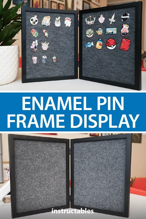 With a frame, felt, and mesh you can create a handy and decorative enamel pin frame display. #instructables #home #decor #homedecor #reuse #upcycle #collection Pin Collection Displays, Disney Pin Display, Pin Board Ideas, Jewelry Tree Display, Enamel Pin Design, Pins Badge Display, Enamel Pin Display, Pins Diy, Collection Displays