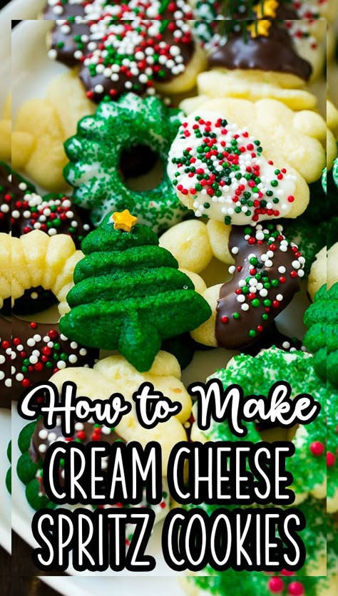 Cream Cheese Spritz Cookie Recipe, Best Spritz Cookie Recipe, Cream Cheese Spritz, Cream Cheese Spritz Cookies, Cookie Press Recipes, Christmas Spritz Cookies, Spritz Cookie, Christmas Cookie Exchange Recipes, Spritz Cookie Recipe