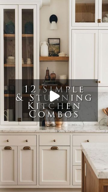 Kreiss on Instagram: "Here are the 12 best simple and stunning kitchen cabinet, counter, and backsplash combinations.

#interiordesigntrends #interiordesigninspiration #interiordesignideas #interiordesigntips #interiordesign #interiordesignersofinstagram #cabinets #neutralhomedecor #neutralhomeaesthetic #kitchenrenovation #kitchendesignideas #kitchensofinstagram" Light Floors And Dark Cabinets, Kitchen Cabinets Wood And Paint Combo, Beige Cabinets Marble Countertops, Small Kitchen Taupe Cabinets, Quartz Countertops With Greige Cabinets, Full Wall Of Cabinets, Harbor Color Kitchen Cabinets, Light Kitchen Cabinets With Dark Floors, Kitchen Interior Color Scheme