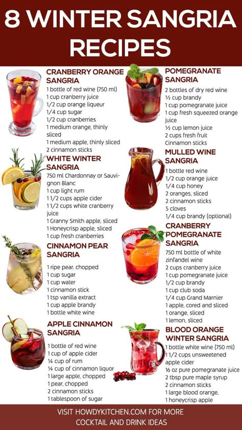 An infographic showcasing 8 Winter Sangria Recipes, including Cranberry Orange Sangria, White Winter Sangria, and Mulled Wine Sangria, perfect for festive gatherings during the cold months. Hot Winter Cocktails, Winter Drinks Alcoholic, Winter Sangria Recipes, Holiday Sangria Recipes, Christmas Sangria Recipes, Thanksgiving Sangria, Easy Sangria Recipes, Christmas Cocktails Easy, Winter Sangria