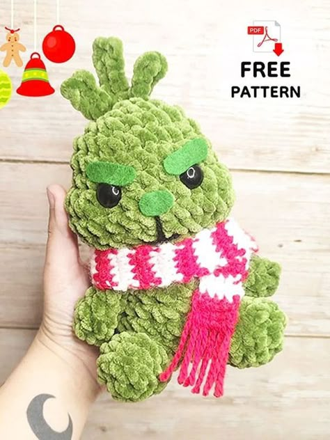 Free Grinch Crochet Pattern Crocheted Plushies Pattern, Crochet Grinch Stocking, Grinch Beanie Crochet Pattern, Grinch Free Crochet Pattern, Quick Crochet Patterns Christmas, Crochet Stuffie Patterns, Ginger Bread Crochet Free Pattern, Mini Grinch Crochet Pattern, Crochet Patterns For Beginners Christmas