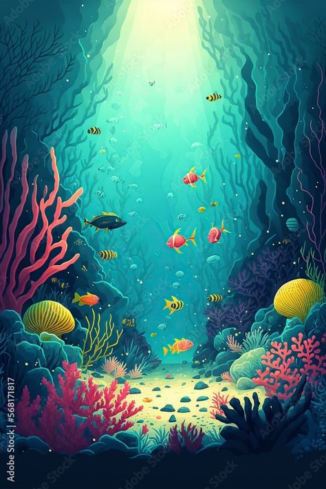 Sea Cartoon Background, Illustration Underwater, Underwater Cartoon, Sea Background, Underwater Scene, Cartoon Background, Cartoon Illustration, Adobe Stock, Stock Illustration