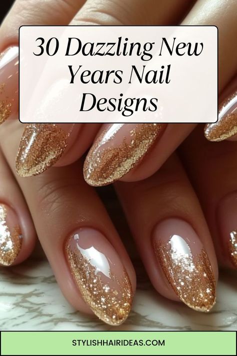 Countdown to midnight in style with these breathtaking New Year’s nail designs! Whether you love bold glitter or subtle shimmer, there’s a look for everyone. #NewYearsNailInspo #GlitzyNails #NYEParty Blingy New Years Nails, Gold Leaf Gel Nails, Festive Gold Nails, Holiday And New Years Nails, Pink And Gold Sns Nails, New Years Nails Elegant, Gold Holiday Nails Glitter, Christmas And New Year’s Eve Nails, New Years Nude Nails