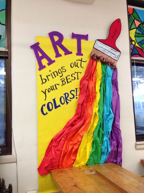 Art Class Decoration Ideas, Art Class Bulletin Board Ideas, Art Area Bulletin Board Preschool, Art Show Decorations School, Art Exhibition Ideas For School, Art Wall Bulletin Board Ideas, Art Room Board Decoration Ideas, How To Decorate Art Room In School, Art School Decoration