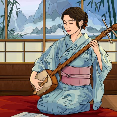 Shamisen Drawing, Zen Colors, Asian Painting, Art Tools Drawing, Coloring Apps, Ghibli Art, Japanese Aesthetic, Anime Stickers, Anime Scenery Wallpaper