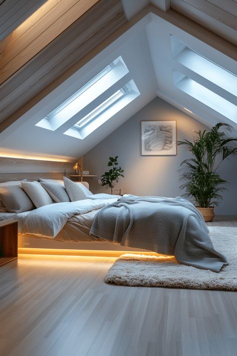 29 Attic Bedroom Ideas 22 High Ceiling Color Ideas, Modern Attic Living Room, Roof Room Design, Attic Bedroom Designs Layout, Hi Tech Design, High Attic, Modern Attic Bedroom, Small Attic Bedroom Designs, Attic Living Rooms