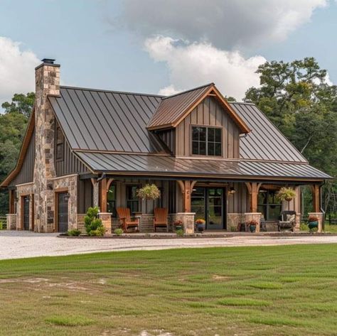 Realistic Barndominium, Southwestern House Exterior, Copper Roof Barndominium, Barndominium With Stalls, Dark Green Barndominium Exterior, Barndominium With Brick, Metal Exterior Homes, Barndo Exterior Color Schemes, My Dream Home Exterior