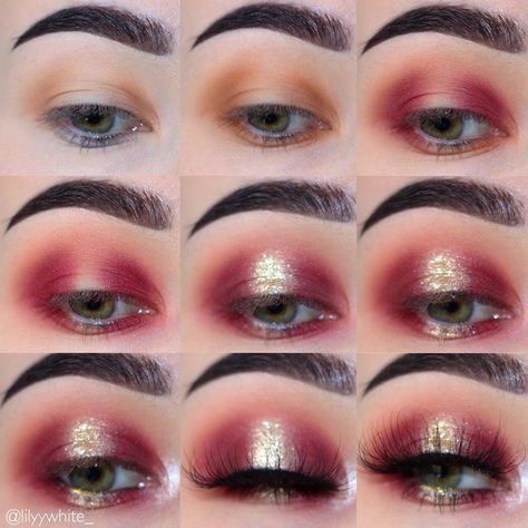 7,449 Likes, 92 Comments - Lily (@lilyywhite_) on Instagram: “Step by step of a one palette only look using ABH as requested ❤�️can you guess the palette ? …” Eyeshadows Ideas, Red Eyeshadow Look, Make Up Gold, Makeup Gold, Red Eye Makeup, Make Up Tutorials, Makeup Tutorial Step By Step, Pink Eye Makeup, Makeup Tutorial Eyeshadow