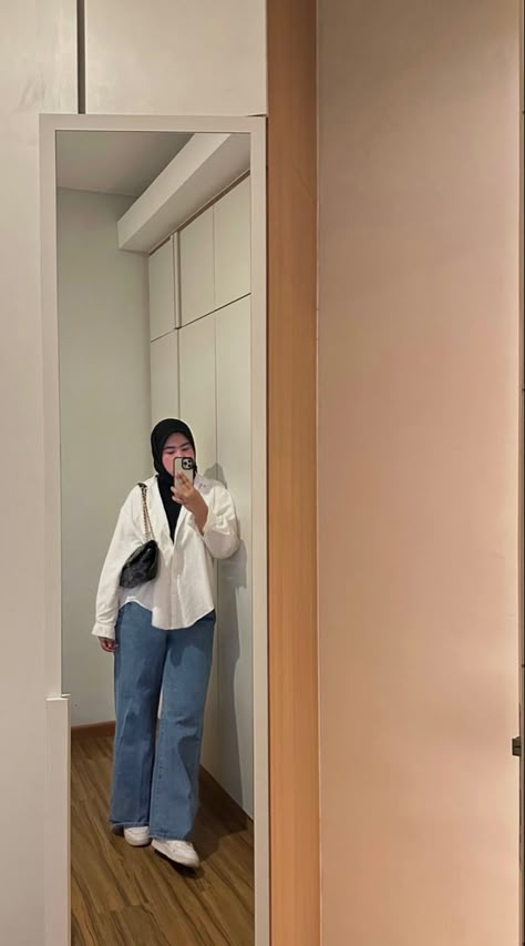 Blue jeans, white shirt, hijab outfit Jeans Shirt Outfit Hijab, Oversized White Shirt Outfit Hijab, White Jeans Outfit Hijab, White Shirt And Jeans Outfit Hijab, White Chemise Outfit Hijab, Blue Shirt Outfit Hijab, Outfit Jeans Biru, Blue Jeans Outfit Hijab, White Shirt Blue Jeans Outfit Women