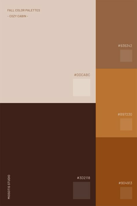 If you're in hospitality, selling cozy home goods, or running a traditional coffee shop, you might want to consider the Cozy Cabin palette. This color scheme brings to mind the warmth, comfort, and rustic charm of a log cabin in the woods. With deep and light browns, muted orange, and cozy beige, it creates a welcoming atmosphere that's perfect for a snug cabin retreat. Brown Beige Orange Color Palette, Beige Brown Color Scheme, Brown Beige Palette, Orange Wood Color Palette, Warm Browns Palette, Muted Brown Color Palette, Wood Brown Color Palette, Wood Colors Palette, Traditional Home Color Palette