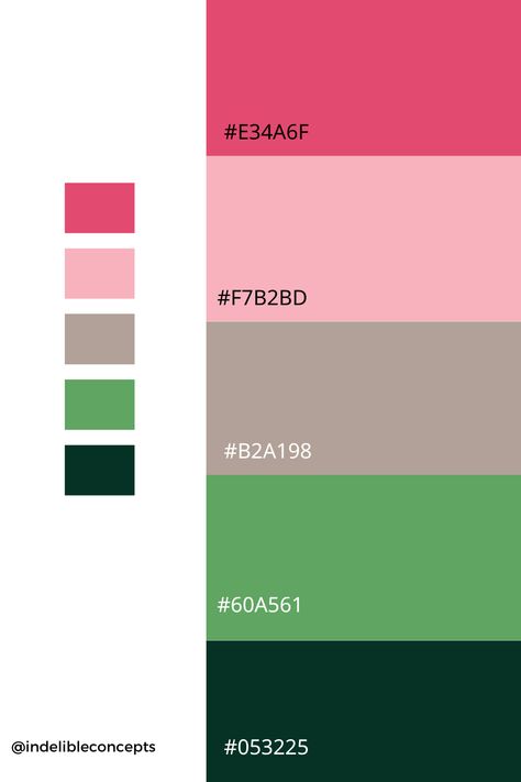 Pink, Khaki, Green and Dark Green Color Palette | #pink #darkgreen, #green #colorpalettes #graphicdesigntips #branding #colorinspiration Dark Green And Pink Palette, Hot Pink And Green Color Palette, Green And Pink Website Design, Bright Pink And Green Color Palette, Colour Palette Pink Green, Pink And Green Graphic Design, Green Pink Colour Palette, Pink Green Colour Palette, Color Palette Pink And Green