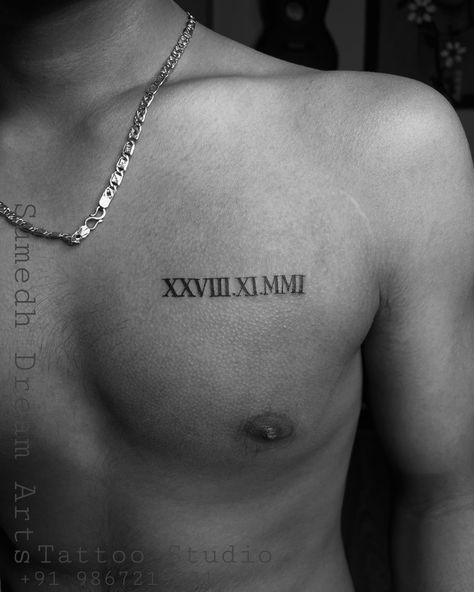 Roman Numeral Tattoo ❤️ . Call For Appointment☎️ 9867219201 Check out more creative tattoos by Sumedh (@sumedh_dream_arts) . @sumedh_dream_arts @instagram . Please call or DM us on 9867219201 to book an appointment with us.. . #minitattoo #whitetattoo #tattooartist #coupletattoo #lettertattoo #letteringtattoo Men Tattoo Ideas Roman Numerals, Chest Tattoo Men Ideas Roman Numerals, 1966 Roman Numeral Tattoo, Cross And Roman Numeral Tattoo, Roman Numerals Men’s Tattoo, Men’s Forearm Tattoos Roman Numerals, Roman Numeral Tattoo Wedding Date, Dream Tattoos Men, Men’s Roman Numeral Tattoo