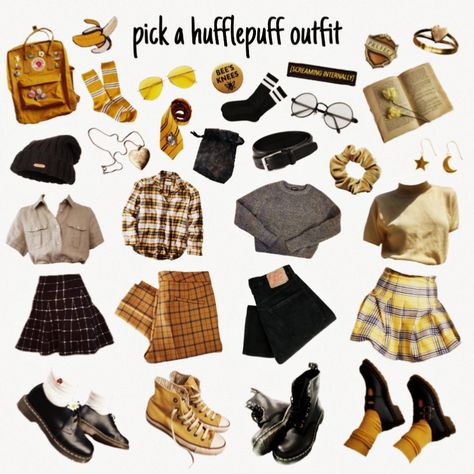 Harry Potter Inspired Outfits Hufflepuff, Hufflepuff Aesthetic Outfits, Hufflepuff Inspired Outfits, Hufflepuff Clothes, Hufflepuff Stuff, Harry Potter Houses Outfits, Hufflepuff Outfit, Universal Studios Outfit, Stile Harry Potter