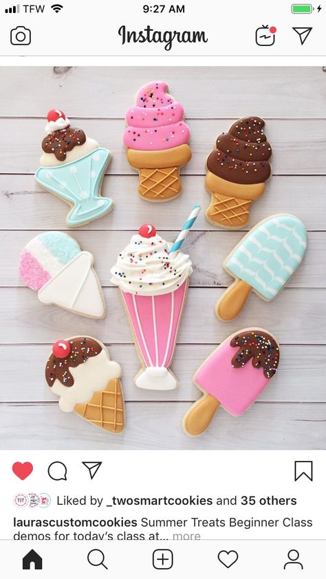 Cute Cookie Cake Designs, Ice Cream Birthday Party Theme, Summer Sugar Cookies, Cream Birthday Party, Sugar Cookie Ideas, Ice Cream Birthday Party, Dessert Cookies, Iced Sugar Cookies, Cream Cookies