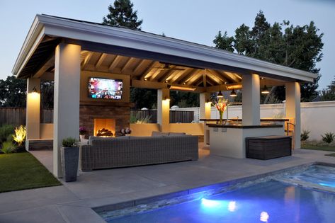 a Pavilion with Outdoor Kitchen - Farmhouse - Patio - San Francisco - by B. Gordon Builders, Inc. | Houzz Outdoor Pool Pavilion Ideas, Poolside Kitchen Ideas, Outdoor Kitchen Pavilion Ideas, Pool Pavilion Ideas Outdoor Living, Modern Pavilion Design, Outdoor Pavillion Ideas, Outdoor Kitchen Pool Area, Pool Pavilion Ideas, Outdoor Kitchen Gazebo