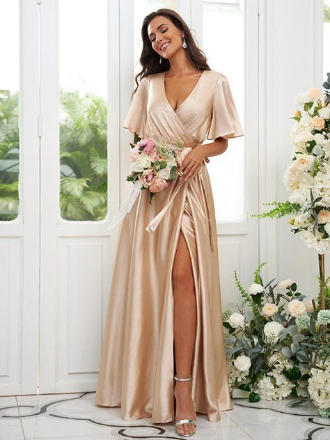 A-Line/Princess Silk like Satin Sash/Ribbon/Belt V-neck Short Sleeves Floor-Length Bridesmaid Dresses - Bridesmaid Dresses - Hebeos Beach Bridesmaid, Beach Bridesmaids, Beach Bridesmaid Dresses, Champagne Bridesmaid Dresses, Champagne Bridesmaid, Princess Sleeves, Satin Sash, Ribbon Belt, Color Champagne