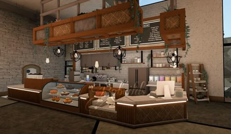 Cafe And House Bloxburg, Bloxburg Restaurant Kitchen Ideas, Cafe Exterior Design Bloxburg, Restraunt Bloxburg Ideas, Boo Burg Cafe Ideas, Blox Burg Cafe Ideas, Restaurant In Bloxburg, Cafe Build Bloxburg, Blocksburg Restaurant Ideas