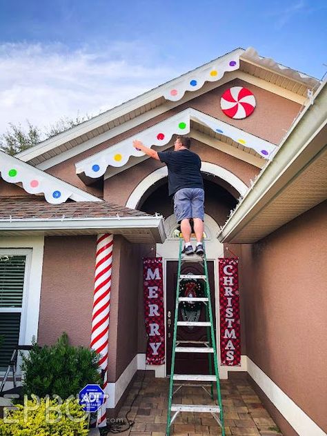 Turning Your House Into A Gingerbread House, How To Decorate Your House Like A Gingerbread House, Decorate Your House Like A Gingerbread House, Decorating House Like Gingerbread House, Christmas Lights Outside Gingerbread House, Gingerbread House Walkway, Make My House Look Like A Gingerbread House, Diy Outdoor Christmas Gingerbread House, Front Porch Gingerbread House