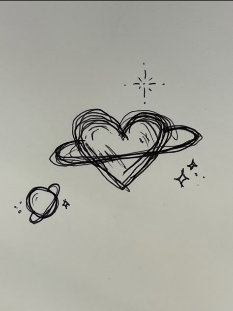 Heart Space Tattoo, Heart Planet Drawing, Stars And Planets Drawing, Pretty Heart Drawing, Simple Doodles Love, Heart Planet Tattoo, Cute Heart Drawings Doodles, Simple Love Doodles, Drawing Ideas Stars