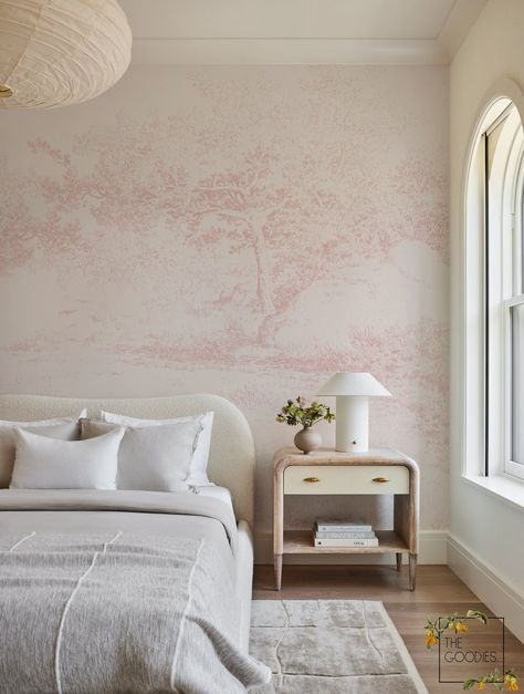 Blush landscape wall mural, Pink panoramic wallpaper, Tree and nature abstract art * * * REGULAR PAPER MATERIAL - Basic: Basic, thick paper material with a satin finish. Regular, paste-the-paper application. For better results, the wall should be light and smooth. The material reflects light a little more than other material types. The material is non-washable and not recommended for humid spaces. * * * ECO - NON WOVEN - PASTE THE WALL: This is a non-woven wallpaper without PVC additives, making Pink Room With Wallpaper, 1 Wall Wallpaper Bedroom, Pink Wallpaper Room Ideas, Wallpapers Room Bedrooms, Bed Rooms Ideas Wallpaper, Wallpapers In Bedroom, Pink Light Bedroom, Classy Wallpaper Bedroom, Bedroom Accent Wallpaper Ideas