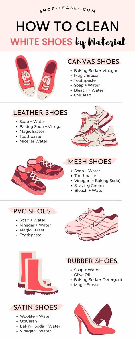 Infographic guide to cleaning white shoes by material with 6 different white shoe fabrics including canvas shoes, leather shoes, mesh shoes, PVC shoes, rubber shoes and satin shoes. Shoe Cleaner Diy, Rubber Shoes Outfit, Cleaning White Shoes, Cleaning White Canvas Shoes, Clean White Shoes, How To Clean White Sneakers, White Rubber Shoes, Cleaning Sneakers, Clean White Leather