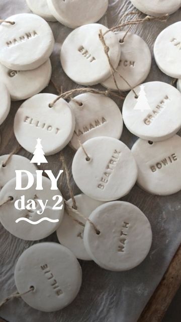 Stamped Air Dry Clay Ornaments, Air Dry Clay Place Names, White Clay Ornaments Diy, Diy Name Christmas Ornaments, Crayola Air Dry Clay Ornaments, Air Dry Clay Gift Tags, Modge Podge Christmas Ornaments, How To Make Clay Ornaments, Diy First Christmas Ornament