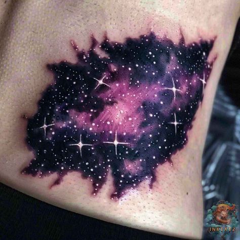 Purple Galaxy Tattoo, Galaxy Cover Up Tattoo, Galaxy Tattoo Design, Night Sky Tattoos, Galaxy Tattoos, Watercolor Galaxy Tattoo, Water Tattoos, Nebula Tattoo, Stars Making