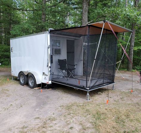 Homemade Trailer Camper, Trailer Turned Into Camper, Car Trailer Camper Conversion, Hunting Trailer Ideas, Inclosed Trailer Diy, Closed Trailer Camper, Bike Trailer Camper, 7x16 Cargo Trailer Camper, Diy Cargo Trailer Camper