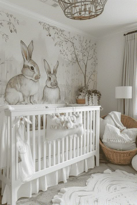 bunny rabbit mural in a white nursery Bunny Baby Room, Bunny Nursery Theme, Timeless Nursery, Organization Nursery, French Nursery, Country Bedrooms, Kids Playroom Ideas, Baby Room Themes, Baby Nursery Themes