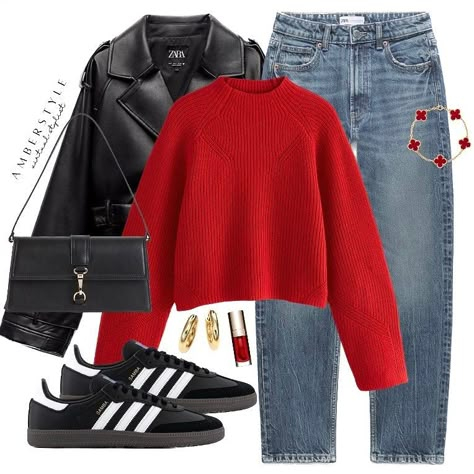 AMBERSTYLE | Happy Saturday 🍓🍎🍒 loving the pop of red x x | Instagram Red Sweater Outfit, Outfits Con Jeans, Look Adidas, Red X, Pop Of Red, Winter Fashion Outfits Casual, Stylish Work Outfits, Red Sweater, Casual Chic Outfit