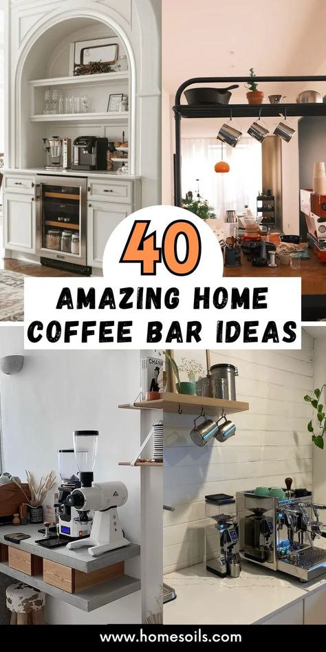 Create the perfect coffee nook with these 40 amazing home coffee bar ideas! From stylish setups to cozy corners, design a space to brew and enjoy your favorite coffee. Visit our site for more inspiration! Espresso Coffee Bar Ideas, How To Set Up A Coffee Bar, Unique Coffee Bar Ideas, Coffee And Liquor Bar Ideas, Drink Bar Ideas Home, Diy Corner Coffee Bar, Coffee Bar Set Up Ideas, Wall Nook Ideas, Office Coffee Bar Ideas