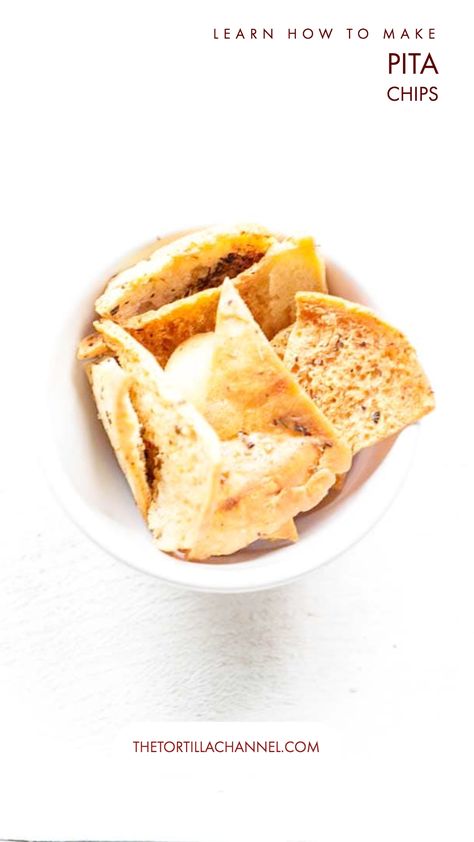 Homemade pita chips are an easy and delicious snack. Season with your favorite spice blend and pop them in the oven. Crunchy and savory that is great to serve with a dip or salsa. Want to try? Visit thetortillachannel.com for the full recipe, video and instructions Pita Chips Recipe, Homemade Pita Chips, Fried Snacks, Homemade Pita, Party Bites, Pita Chips, European Recipes, Chips Recipe, Pita Bread