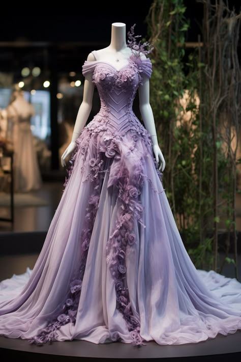 Lavender flower inspired gown Lilac Wedding Dress The Bride, Purple Gown Aesthetic, Light Purple Wedding Dress, Lilac Wedding Dresses, Lavender Wedding Dress, Sweetheart Wedding Gown, Lavender Gown, Fantasy Ball, Elven Dress