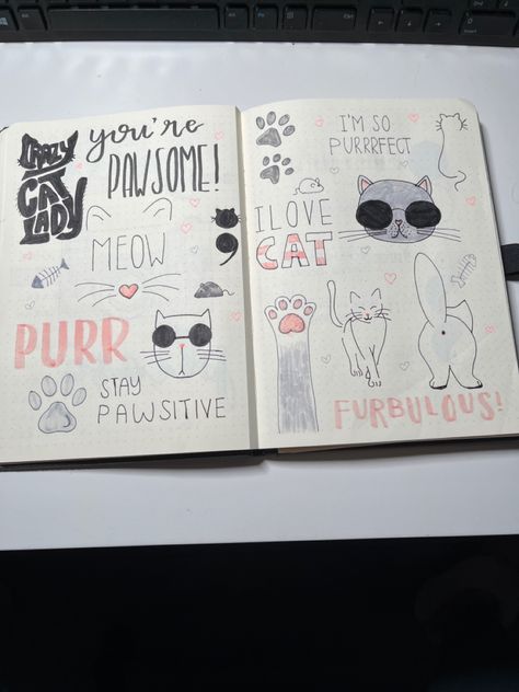 #bulletjournal #journaling #cat #cute #purfect #bujo #bujoideas Cat Journal Ideas, Cat Bullet Journal, Page Doodles, Bullet Journal Front Page, Bujo Themes, Cat Journal, Cat Diary, Bulletin Journal, Cute Diary